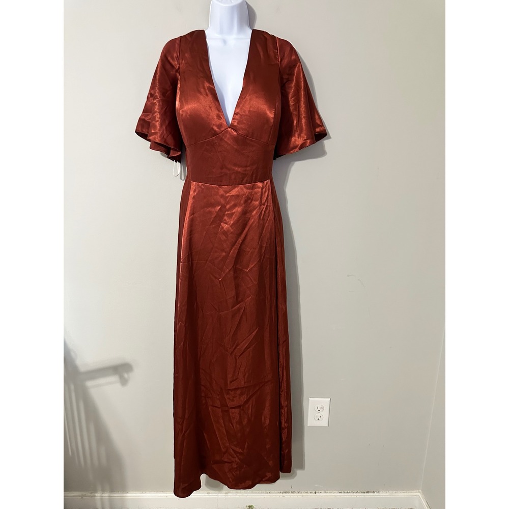Chic Satin Rust Maxi Dress - Picture 2 of 10